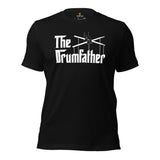 Drum Kit Set T-Shirt - Music Band Concert Tee Shirts - Drumming Gifts, Presents for Drummers & Musicians - Vintage The Drumfather Tee - Black
