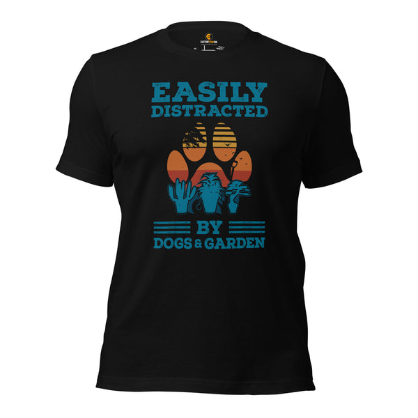 Gardening Gift Ideas, Presents for Gardeners, Garden & Plant Lovers - Gardener T-Shirt, Outfit - Easily Distracted By Dogs & Garden Tee - Black
