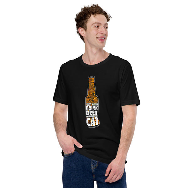 Funny Day Drinking T-Shirts - Beer Themed Shirt - Gifts For Cat & Beer Lovers, Brewers - I Just Wanna Drink Beer & Hang With My Cat Tee - Black