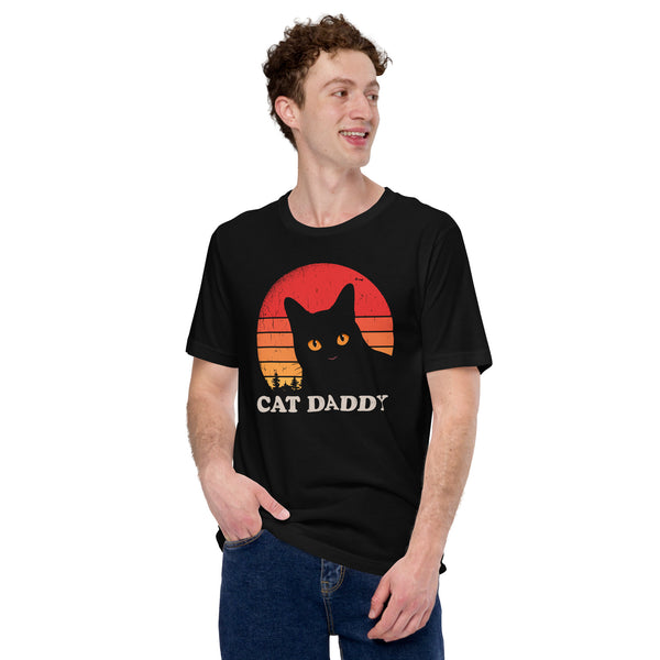 Cat Themed Clothes & Attire - Funny Black Cat Dad Tee Shirts - Gift Ideas, Presents For Cat Lovers & Owners - Retro Cat Daddy T-Shirt - Black