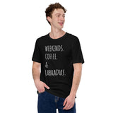 Labrador Dog Themed Clothes - Funny Canine Tee Shirts For Humans - Gifts for Coffee & Dog Lovers - Weekends, Coffee & Labradors T-Shirt - Black