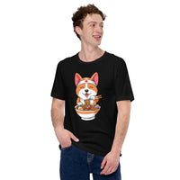 Corgi Dog Themed Clothes & Attire - Gifts for Dog Lovers - Canine Tee Shirts For Humans - Cute Puppy Enjoying Ramen Noodles T-Shirt - Black