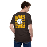 Retro San Diego Baseball Emblem Fanatic T-Shirt: Gift Ideas for Him & Her, Baseball Enthusiasts & Lovers - Vintage Game Day Tee - Brown, Back