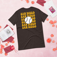 Retro San Diego Baseball Emblem Fanatic T-Shirt: Gift Ideas for Him & Her, Baseball Enthusiasts & Lovers - Vintage Game Day Tee - Brown, Back