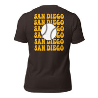 Retro San Diego Baseball Emblem Fanatic T-Shirt: Gift Ideas for Him & Her, Baseball Enthusiasts & Lovers - Vintage Game Day Tee - Brown, Back