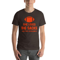 Funny Football Fanatic T-Shirt - She Loves Big Sacks & That Cleveland D Shirt - Ideal Gifts for Football Fans - Game Day Sarcastic Tee - Brown, Men