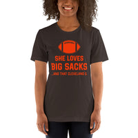 Funny Football Fanatic T-Shirt - She Loves Big Sacks & That Cleveland D Shirt - Ideal Gifts for Football Fans - Game Day Sarcastic Tee - Brown, Women