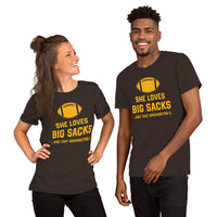 Funny Football Fanatic T-Shirt - She Loves Big Sacks And That Washington D Shirt - Ideal Gifts for Football Fans - Game Day Shirt - Brown, Unisex