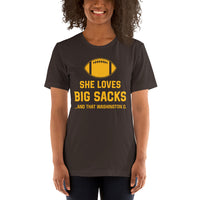 Funny Football Fanatic T-Shirt - She Loves Big Sacks And That Washington D Shirt - Ideal Gifts for Football Fans - Game Day Shirt - Brown, Women