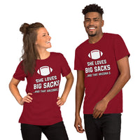 Funny Football Fanatic T-Shirt - She Loves Big Sacks & That Arizona D Shirt - Ideal Gifts for Football Fans - Game Day Sarcastic Shirt - Black, Unisex