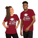 Funny Football Fanatic T-Shirt - She Loves Big Sacks & That Arizona D Shirt - Ideal Gifts for Football Fans - Game Day Sarcastic Shirt - Black, Unisex