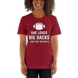 Funny Football Fanatic T-Shirt - She Loves Big Sacks & That Arizona D Shirt - Ideal Gifts for Football Fans - Game Day Sarcastic Shirt - Cardinal, Women