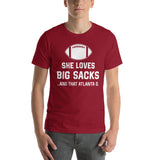 Funny Football Fanatic T-Shirt - She Loves Big Sacks & That Atlanta D Shirt - Ideal Gifts for Football Fans - Game Day Shirt - Cardinal, Men