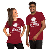 Funny Football Fanatic T-Shirt - She Loves Big Sacks & That Atlanta D Shirt - Ideal Gifts for Football Fans - Game Day Shirt - Cardinal, Unisex