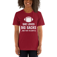 Funny Football Fanatic T-Shirt - She Loves Big Sacks & That Atlanta D Shirt - Ideal Gifts for Football Fans - Game Day Shirt - Cardinal, Women