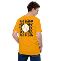 Retro San Diego Baseball Emblem Fanatic T-Shirt: Gift Ideas for Him & Her, Baseball Enthusiasts & Lovers - Vintage Game Day Shirt - Gold, Back
