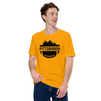 Pittsburgh Skyline Football Fanatic Vintage Graphic T-Shirt: Gift Ideas for Him & Her, Football Fans - Retro Style Game Day Shirt - Gold