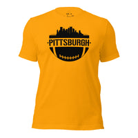 Pittsburgh Skyline Football Fanatic Vintage Graphic T-Shirt: Gift Ideas for Him & Her, Football Fans - Retro Style Game Day Shirt - Gold