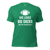 Funny Football Fanatic T-Shirt - She Loves Big Sacks And That Philadelphia D Shirt - Ideal Gifts for Football Fans - Game Day Shirt - Kelly