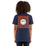 Happy Smiley Face Emoji T-Shirt - Chicago Football Fanatic Vintage Graphic Shirt: Gift for Him & Her, Football Fans - Game Day Shirt - Navy, Women, Back