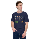 Types of Nice Tits Bird Nerd T-Shirt - Crested, Marsh, Bearded, Willow Tit, Tufted Titmouse Tee for Birdwatcher & Outdoorsy Birder - Navy