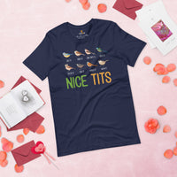 Types of Nice Tits Bird Nerd T-Shirt - Crested, Marsh, Bearded, Willow Tit, Tufted Titmouse Tee for Birdwatcher & Outdoorsy Birder - Navy