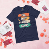 Hiking Vintage Aesthetic T-Shirt - Eat Sleep Hike Repeat Boho T-Shirt - Granola Tee for Nature Lovers, Campers & Hikers, Geocacher - Navy