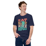 Hiking Boho T-Shirt - Eat Sleep Hike Repeat Vintage Aesthetic T-Shirt - Granola Tee for Nature Lovers, Campers & Hikers, Geocacher - Navy