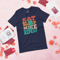 Hiking Boho T-Shirt - Eat Sleep Hike Repeat Vintage Aesthetic T-Shirt - Granola Tee for Nature Lovers, Campers & Hikers, Geocacher - Navy