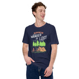 Hiking Retro Mountain Themed T-Shirt - Gift for Outdoorsy Camper & Hiker, Nature Lover, Wanderlust - Not All Who Wander Are Lost Shirt - Navy