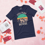 Hiking Retro Sunset Mountain Themed T-Shirt - Gift for Outdoorsy Camper & Hiker, Nature Lover, Wanderlust - Still Plays Outside Shirt - Navy