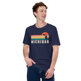 Michigan Map Retro Sunset Aesthetic Shirt - Patriotic Hiking Shirt - Ideal Gift for Outdoorsy Camper & Hiker, Nature Lover, Wanderlust - Navy