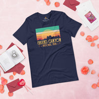 Grand Canyon Retro Sunset Aesthetic T-Shirt - National Park Hiking Shirt - Gift for Outdoorsy Camper & Hiker, Nature Lover, Wanderlust - Navy