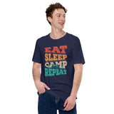 RV Campervan Motorhome Shirt - Family Road Trip, Overlanding, Boondocks Nomadic Tee - Eat Sleep Camp Repeat T-Shirt - Gift for Camper - Navy