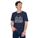 Outsider Adventure Awaits T-Shirt | Campsite Vibes, Campfire & Happy Camper Tee for Glamping Lovers & Wilderness Nature Enthusiasts - Navy