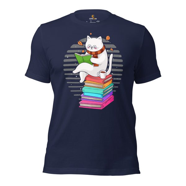 Purr-fect Book Lover Gift Cute Cat Reading Book Shirt - Adorable Bookish Shirt for Fur Mom, Purr Mama, Cat Lover, Bookworm, Librarian - Navy