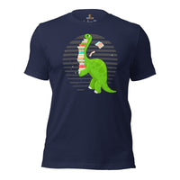 Ideal Book Lover Gift Cute Dinosaur Book Shirt - Fun and Quirky Short Sleeve Tee for Bookworms, Librarians, Avid Readers - Gift for Her - Navy