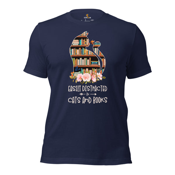 Ideal Book Lover Gift Easily Distracted By Cats and Books Shirt - Cute Cat Bookshelf Short Sleeve T-Shirt for Bookworms, Librarians - Navy
