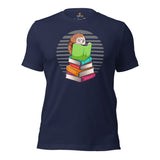 Ideal Book Lover Gift - Cute Hedgehog Reading Book T-Shirt - Adorable Porcupine Inspired Bookish Shirt for Bookworms, Librarians - Navy