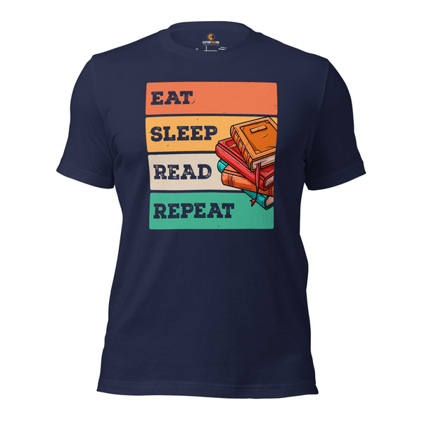 Gift for Book Lovers, Book Nerds - Retro Eat Sleep Read Repeat Shirt for Bookworms, Avid Readers - Embrace Your Bookish Obsession! - Navy