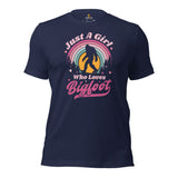 Vintage Just A Girl Who Loves Bigfoot Cottagecore Shirt - Cryptid Yeti, Sasquatch Tee for Camping & Wilderness Adventure Enthusiasts - Navy