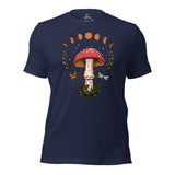 Moon Phases Aesthetic Goblincore & Spacecore T-Shirt - Fairycore, Cottagecore Tee for Forager, Mushroom Hunter & Astronomy Enthusiast - Navy