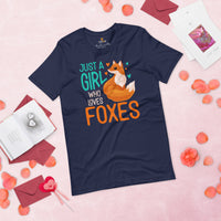 Fox T-Shirt - Just A Girl Who Loves Foxes T-Shirt - Embrace Your Foxy Side - Fursuit, Furry Fandom Tee - Gift for Fox & Nature Lovers - Navy