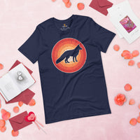 Fox 80s Retro Sunset Aesthetic T-Shirt - Embrace Your Foxy Side - Cottagecore Fursuit, Furry Fandom Tee - Gift for Fox & Nature Lovers - Navy