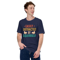 Easily Distracted By Squirrels T-Shirt - Chipmunk, Gerbil, Nutcracker, Woodland Animal Tee - Gift for Squirrel Dad/Mom, Lover & Feeder - Navy