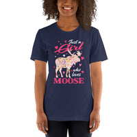 Hunting T-Shirt - Gift for Hunter, Bow Hunter, Archer & Animal Lover - Moose Lover Shirt - Just A Girl Who Loves Moose Floral Shirt - Navy