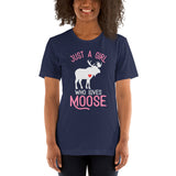 Hunting T-Shirt - Gift for Hunter, Bow Hunter, Archer & Animal Lover - Alaska Moose Lover Shirt - Just A Girl Who Loves Moose Shirt - Navy