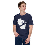 Buck & Deer Hunting T-Shirt - Gift for Hunter, Bow Hunter & Archer - Elk Hunting Season Shirt - Buck Antler Wisconsin Map Themed Shirt - Navy