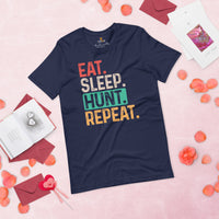 Hunting T-Shirt - Ideal Gift for Hunter, Bow Hunter & Archer - Hunting Season Shirt - Eat Sleep Hunt Repeat Retro Aesthetic Shirt - Navy