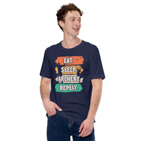 Bow Hunting T-Shirt - Gifts for Hunters, Archers - Deer & Buck Hunting Season Tee - Eat Sleep Archery Repeat 80s Retro Aesthetic Shirt - Navy